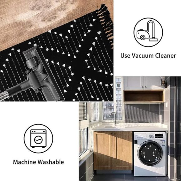 Boho Bathroom Runner Rug Black Geometric Washable Woven Cotton SIZE 2.3' X 5.3' - Picture 12 of 12